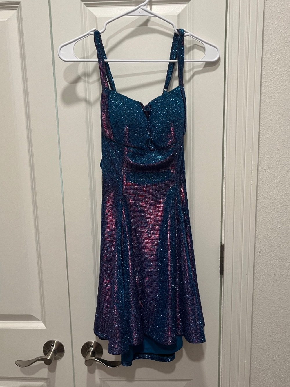 Pear Moon Iridescent Glitter Skater Dress Size 9 Blue Purple Open Back Dress